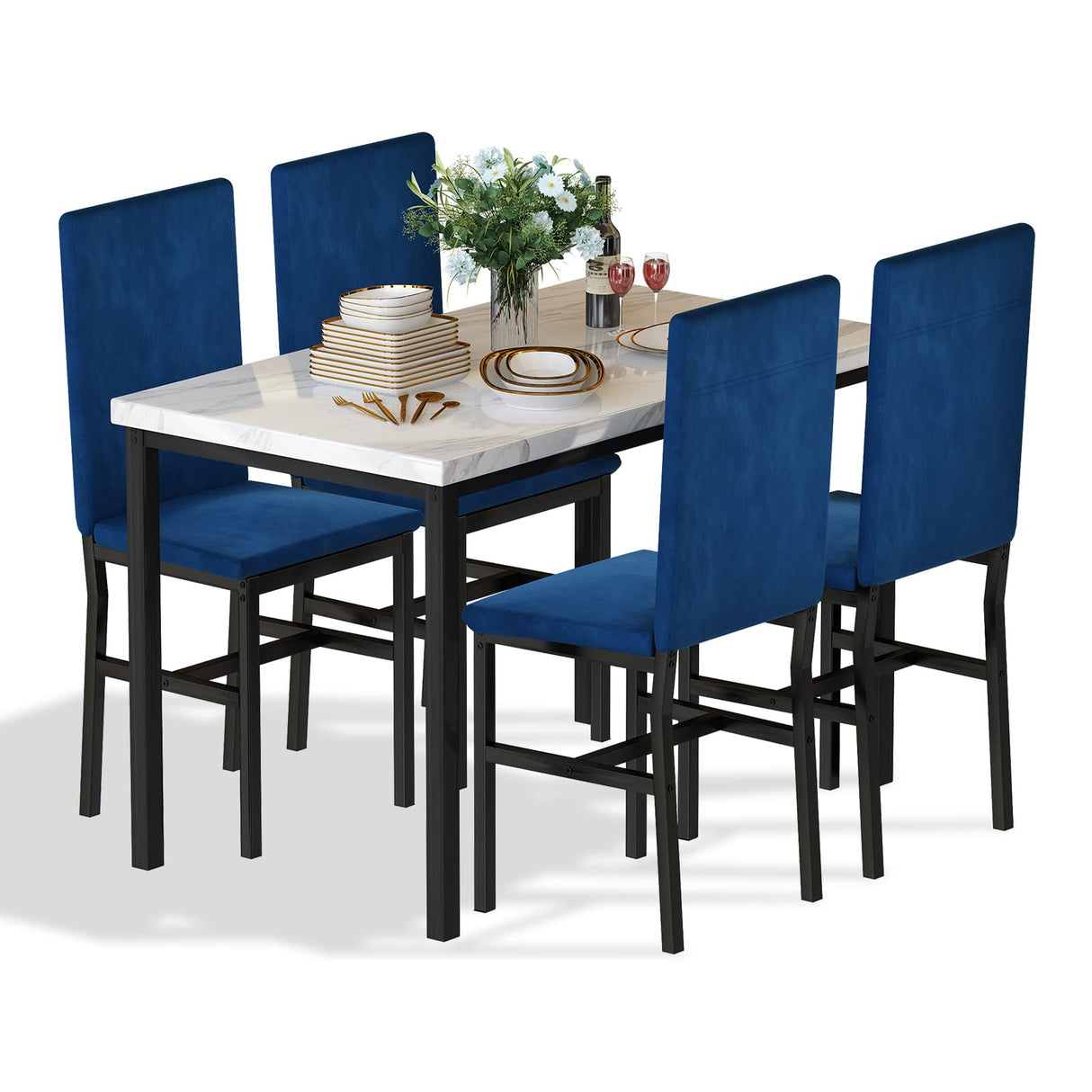4-Piece Dining Table Set with Faux Marble Top and Blue Velvet Chairs