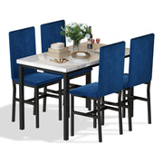 4-Piece Dining Table Set with Faux Marble Top and Blue Velvet Chairs