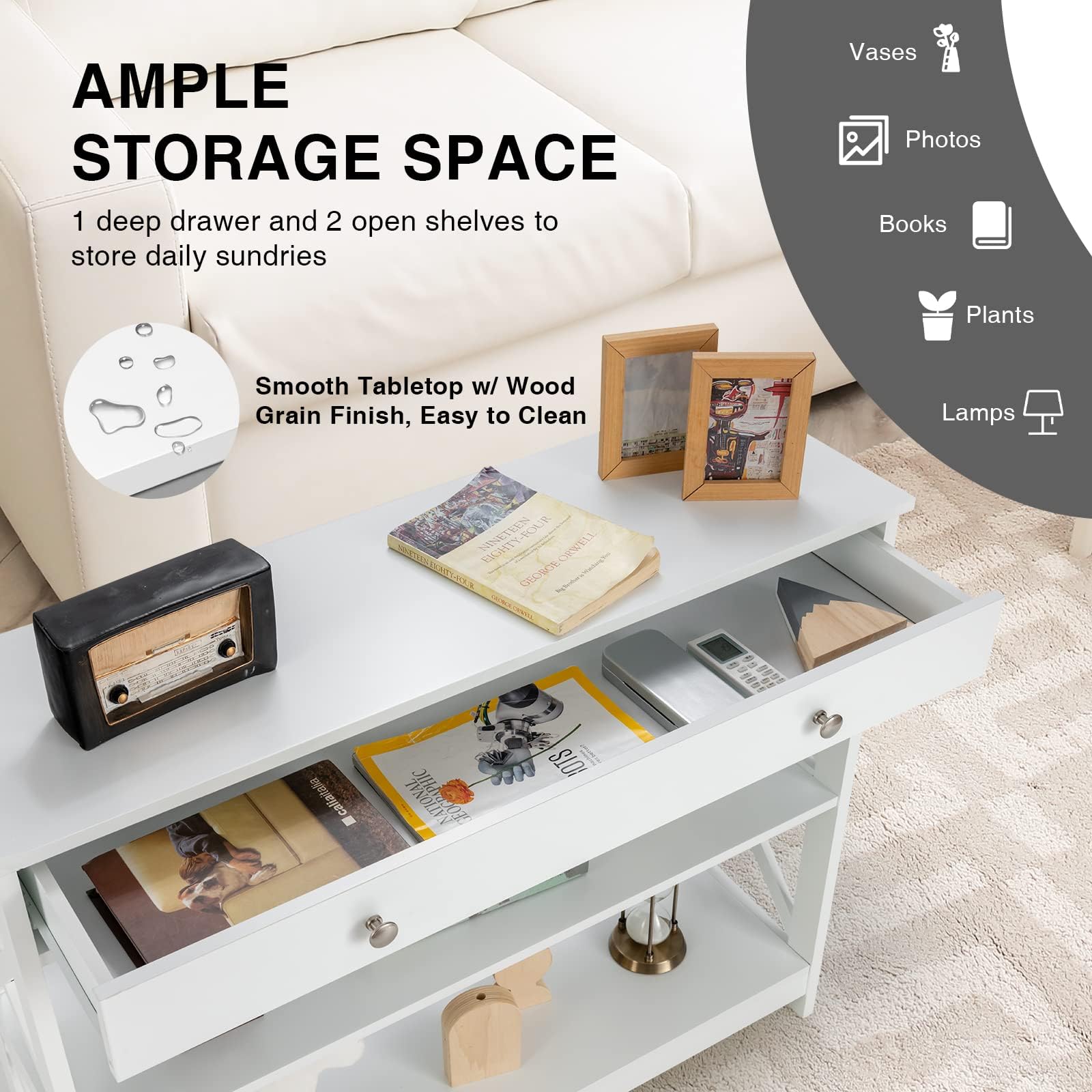 Tier Console Table, Entryway Table with 2 Open Storage Shelves Drawer,