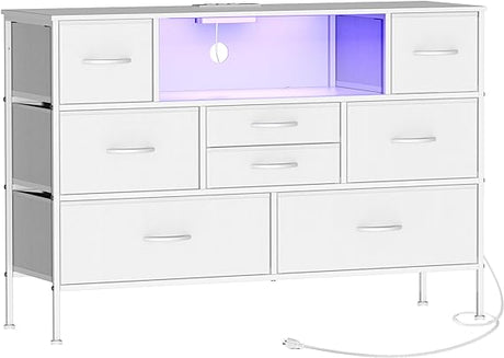 Wide Dresser with Charging Station and LED Light for Bedroom 8 Fabric Drawers Chest