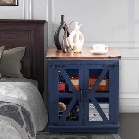 Beroxii Farmhouse End Table, 24" Large End Tables with Storage, Rustic Square Sofa Beside Table with Glass Barn Door, Wood Side Table Square Nightstand for Living Room, Bedroom, Office (Navy Blue)