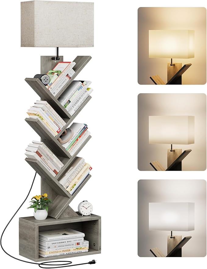 6 Tier Tree Bookshelf with Light, Narrow Bookcase Tower, Tall Floor Standing Book Organizer with Storage Cabinet for Living Room, Bedroom and Home Office, Rustic Brown