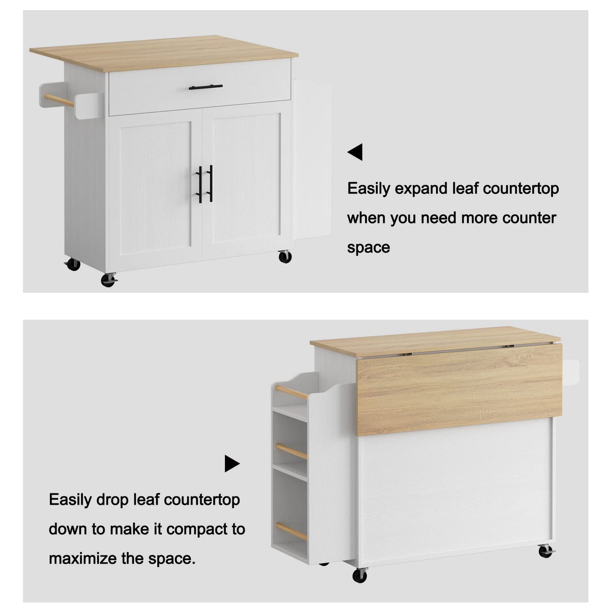 Kitchen Island with Storage, Rolling Kitchen Island on Wheels with Drop Leaf