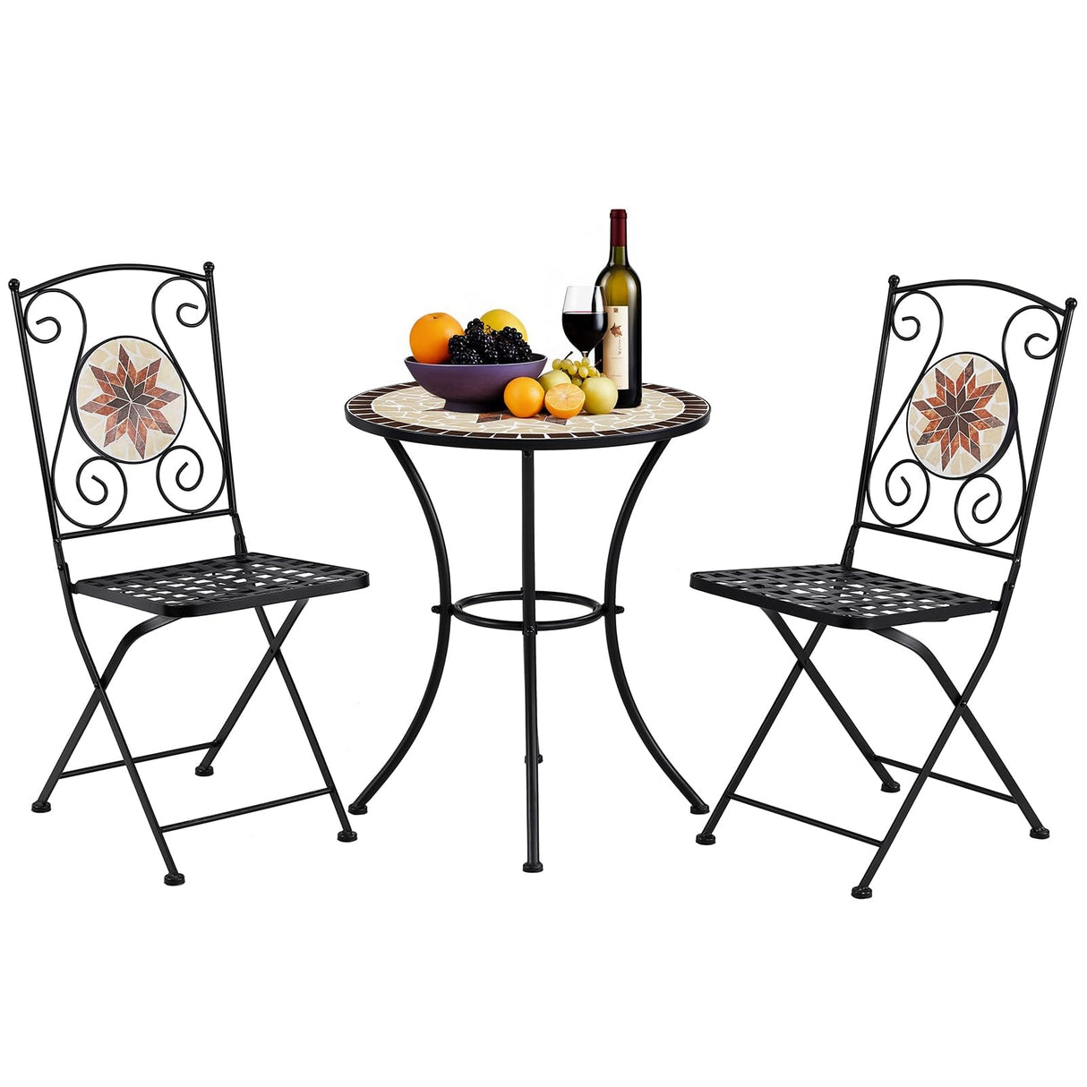 3 Pieces Patio Bistro Sets, Outdoor Mosaic Bistro Set with 2 Folding Chairs, Mosaic Round