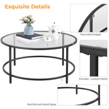 36" Round Glass Coffee Table, Black Circle Coffee Table Center Table with Glass Top,