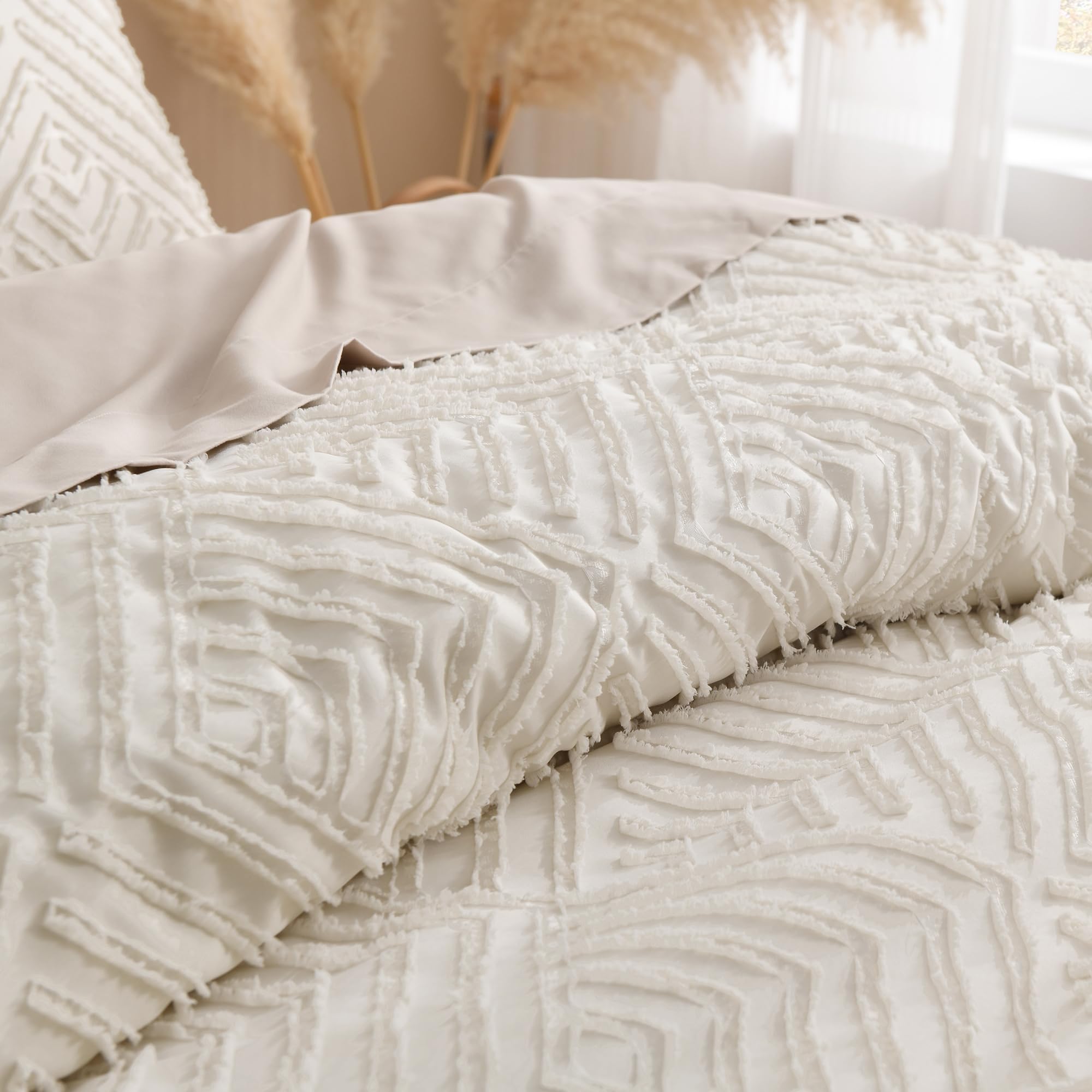 King Size Comforter Set Beige, 3 Pieces Boho King Bedding Comforter Set Cream, All Season Soft Lightweight Tufted Textured Down