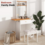 Redkey Vanity Desk with Lighted Mirror - Small Makeup Vanity with Drawers & Organizer - Compact Dressing Table with Fold-Up Panel for Kid Girls Adults - for Bedroom - White