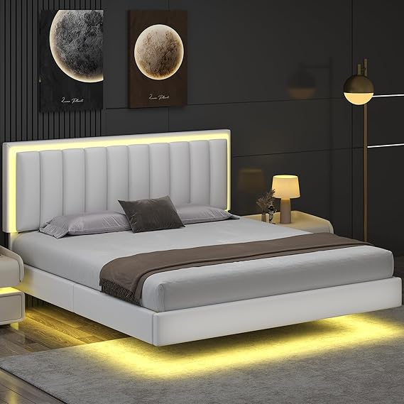 Queen Floating Bed Frame with RGB LED Lights