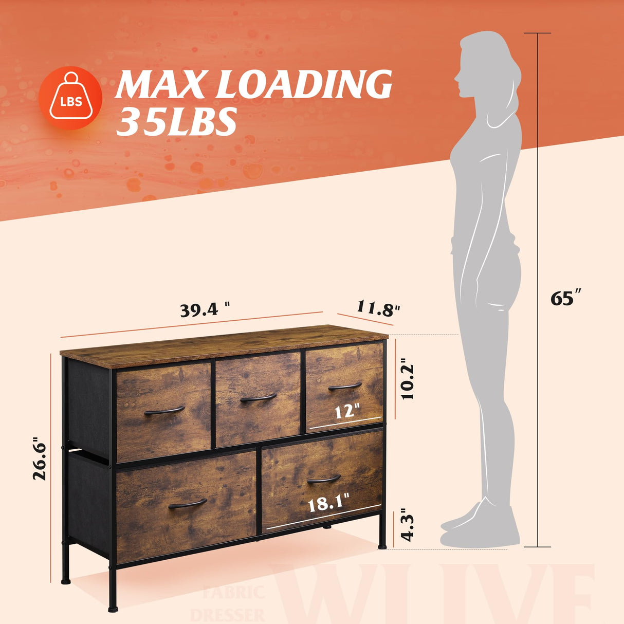 Dresser for Bedroom with 5 Drawers, Long Fabric Dresser