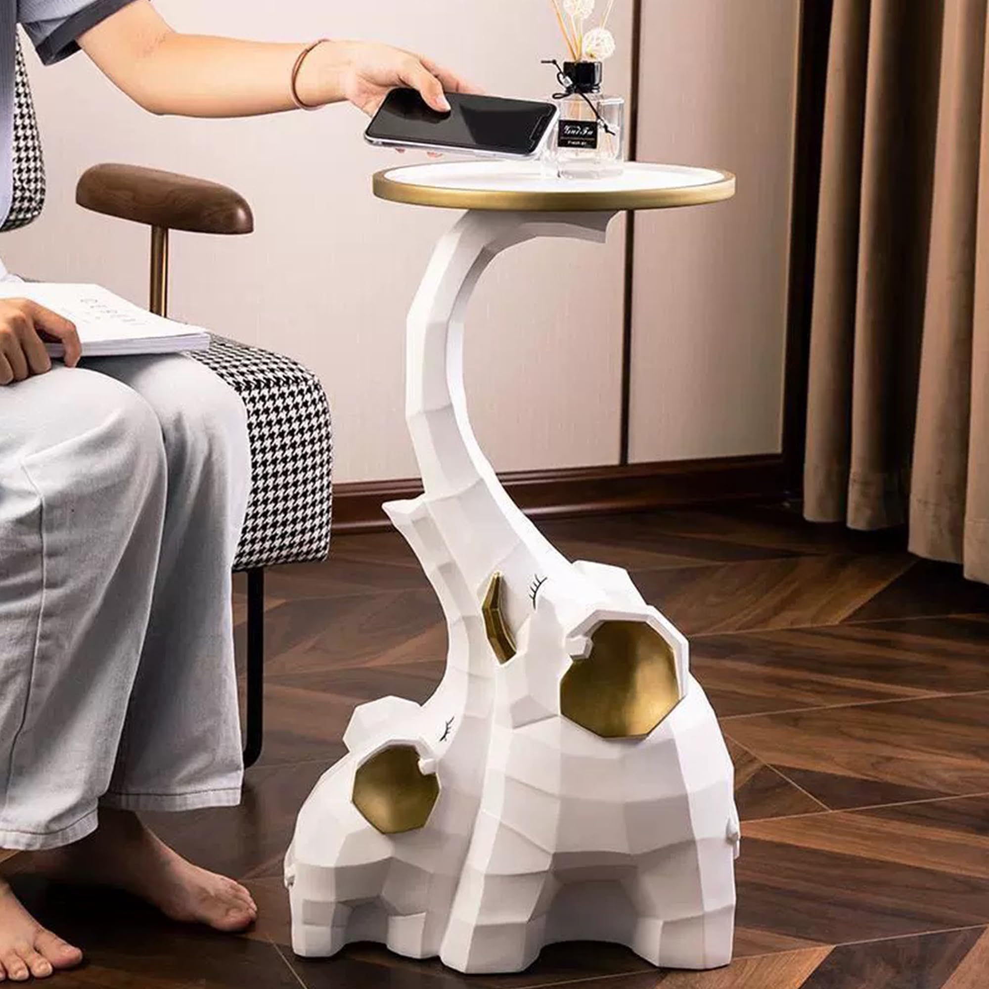 Elephant Sculpture Side Table with Tray Top - Modern Elephant Decor Floor Statue