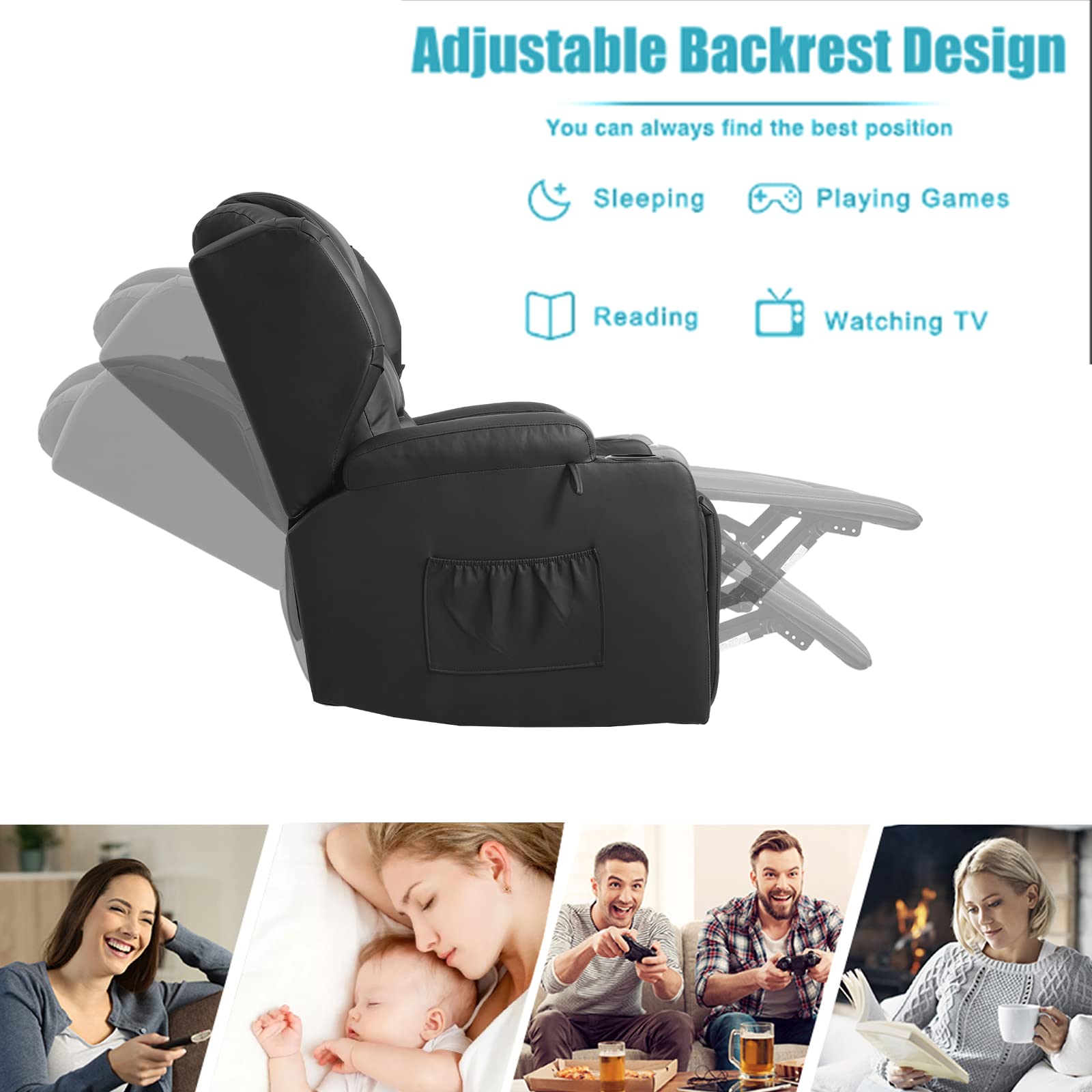 Swivel Rocker Recliner Nursery Rocking Chairs 360 Degree, Manual Glider Recliner Chairs for Living Room,Upholstered Swivel Single Sofa Seat with Cup Holders, Side Pockets, Pillow, Leather