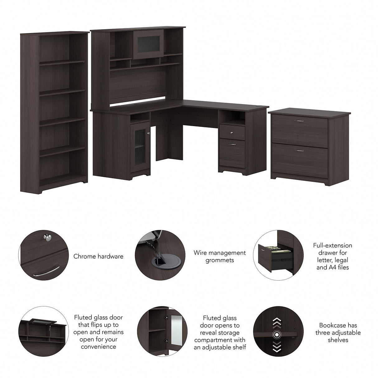 L Shaped Desk with Hutch, 5 Shelf Bookcase and Lateral File Cabinet