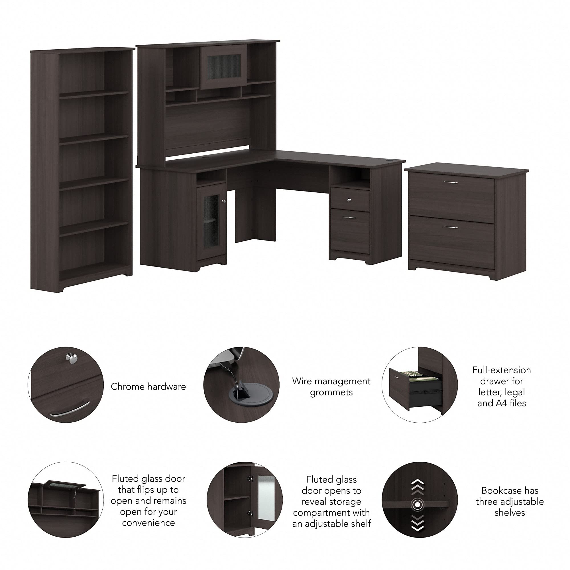 EliteWork L-Shaped Desk with Hutch, 5-Shelf Bookcase & Lateral File Cabinet