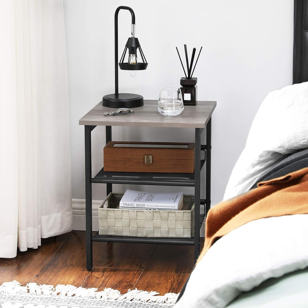 INDESTIC End Table, Nightstand with 2 Adjustable Mesh Shelves, Stable Metal Frame