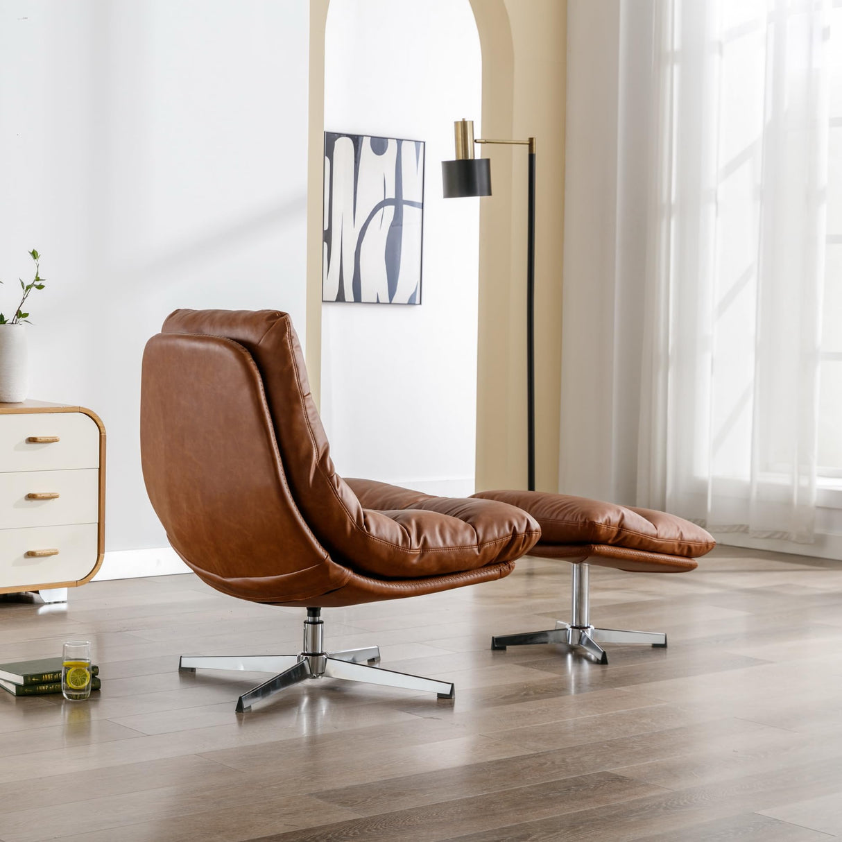 Swivel Accent Chair with Ottoman, Mid Century Modern Faux Leather Lounge Chair