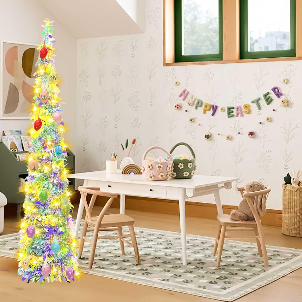 5FT Pop Up Christmas Tinsel Tree with Lights & Eggs,Artificial Easter Tree,Pop-Up Collapsible Pencil Easter Trees,Pre-lit Pencil Christmas Tree Xmas Tree for Indoor Outdoor Christmas Decorations