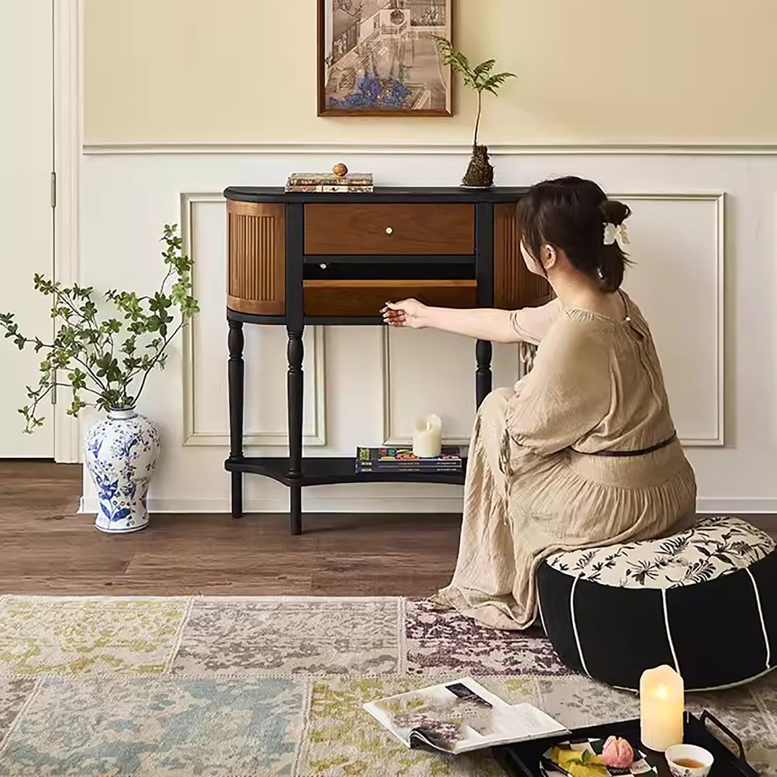 Entryway Table, Narrow Sofa Table, Semi-Circle Entryway Storage Shelf