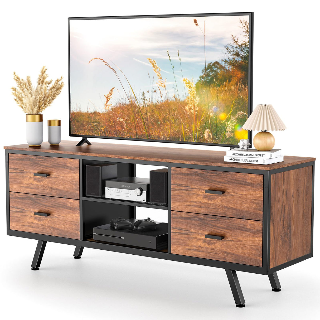 TV Console Table for up to 65″ TVs, Retro TV Stand with Metal Frame