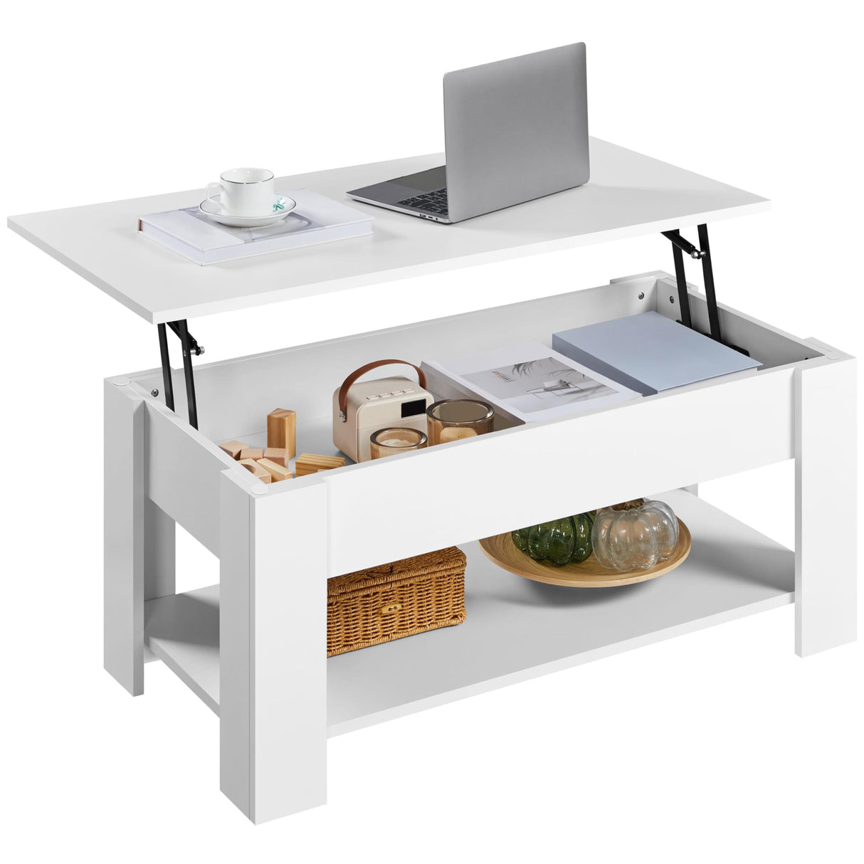 Lift Top Coffee Table w/Hidden Storage Compartment and Storage Shelf - Lift Tabletop