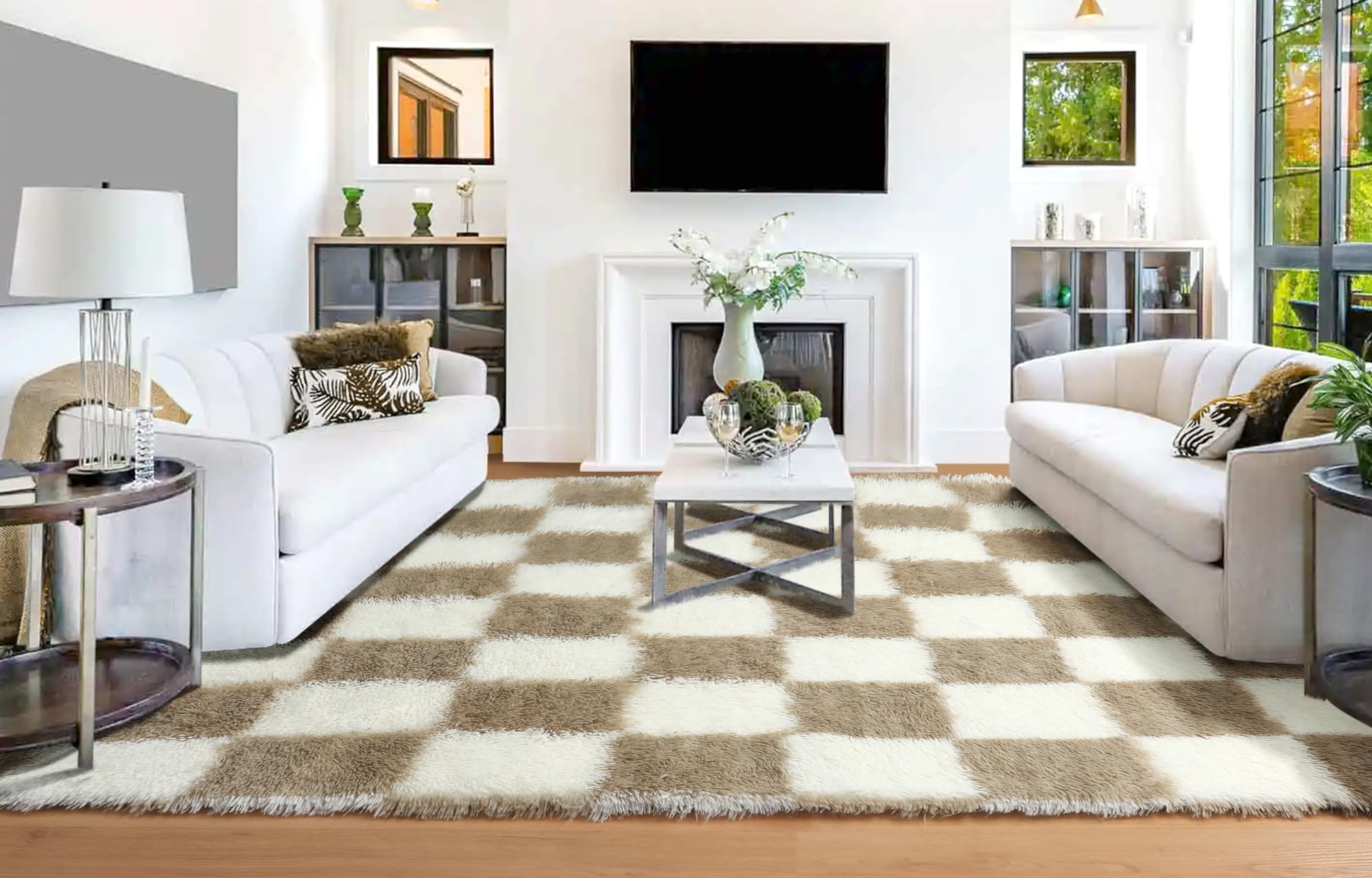 KICMOR 5x8 Beige and Cream White Rugs Living Room Carpets, Large Fluffy Shag Fuzzy Checkered Area Rug for Bedroom Aesthetic, Soft Plush Shaggy Rug for Nursery, Playroom, Teen Dorm Room Home Decor