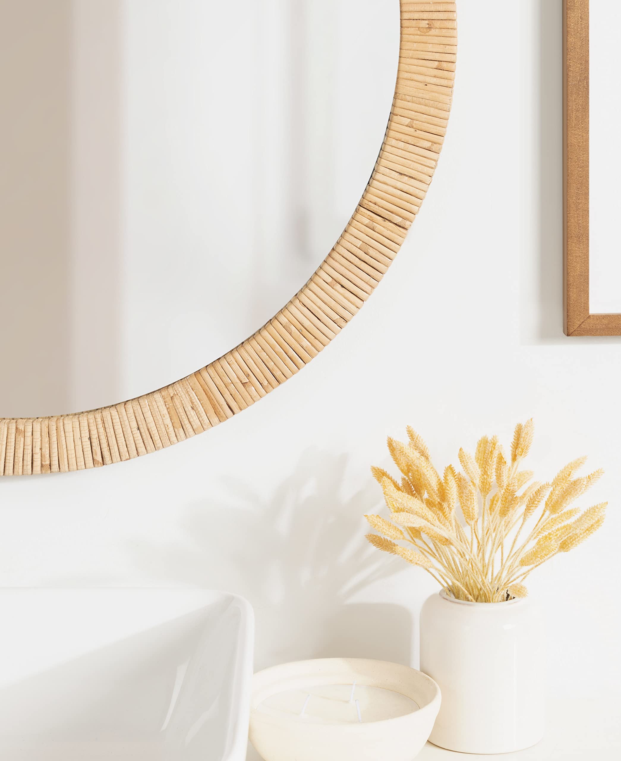 Rahfy Boho Round Rattan Mirror, 28 Inch Diameter, Natural Wood, Decorative Round Wood