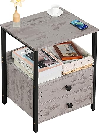 Nightstand, Industrial Bed Side Table with 2 Drawers Storage Open Shelf