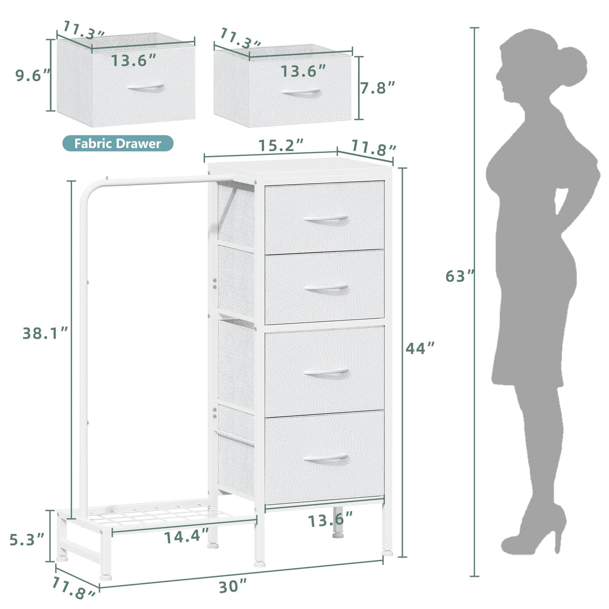 HIGDBFE Dresser with Hanging Rack, 4 Drawers Small Dresser for Bedroom, Reversable Fabric Kids Dresser for Closet with Clothes Rack, Tall Chest of Drawers, Sturdy Frame, White, 44''H