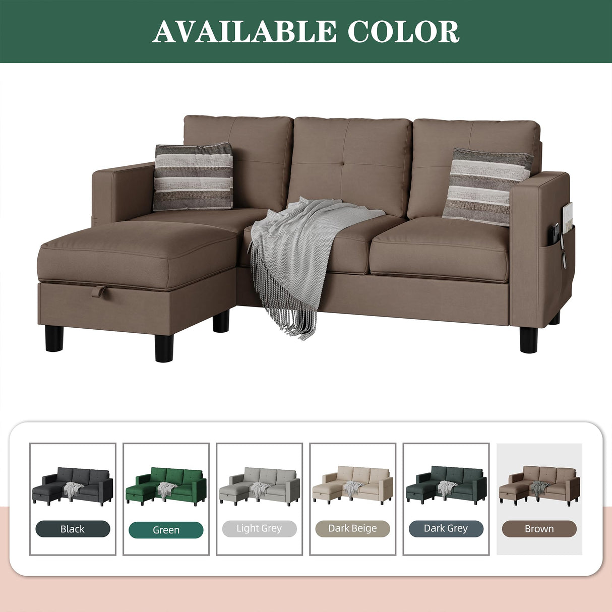 JY QAQA Convertible Sectional Sofa Couch with 3-Seat Sofa, L-Shaped Ottoman Couch with Modern Linen Fabric for Small Living Room, Apartment and Small Space(Brown
