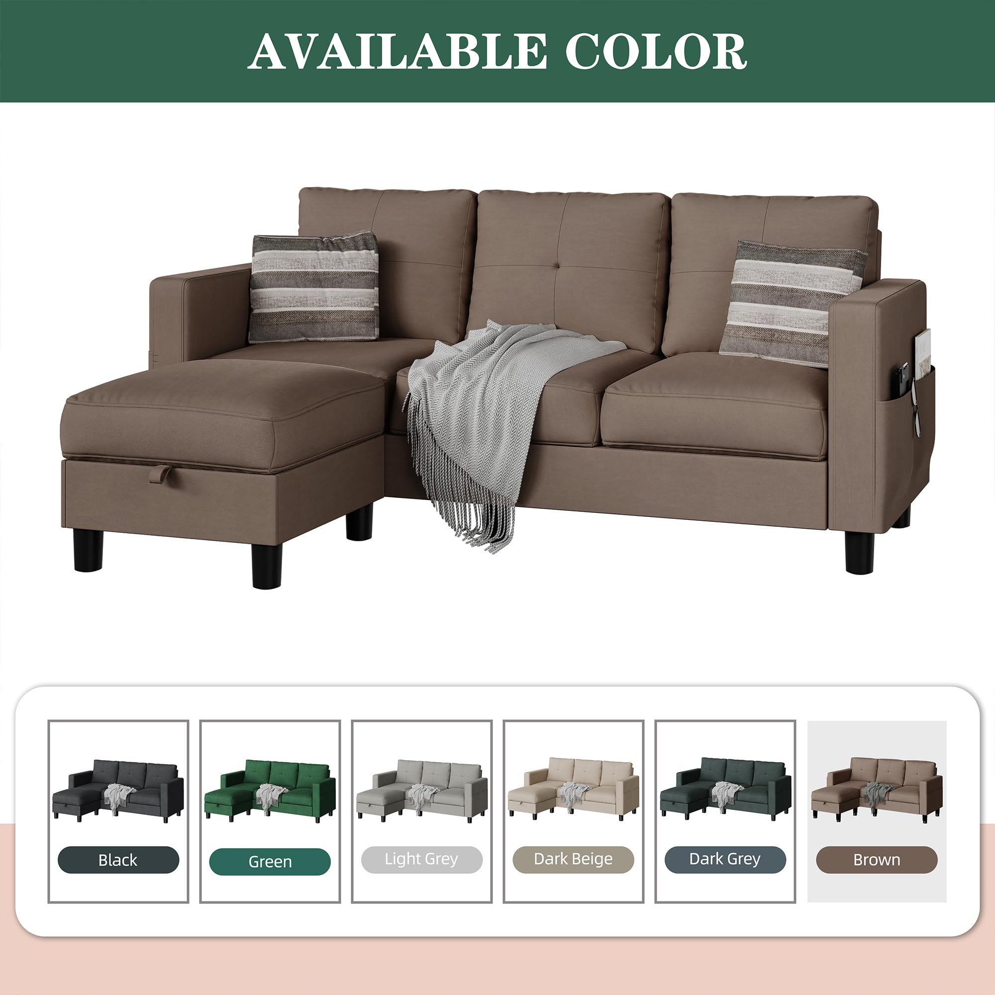JY QAQA Convertible Sectional Sofa Couch with 3-Seat Sofa, L-Shaped Ottoman Couch with Modern Linen Fabric for Small Living Room, Apartment and Small Space(Brown