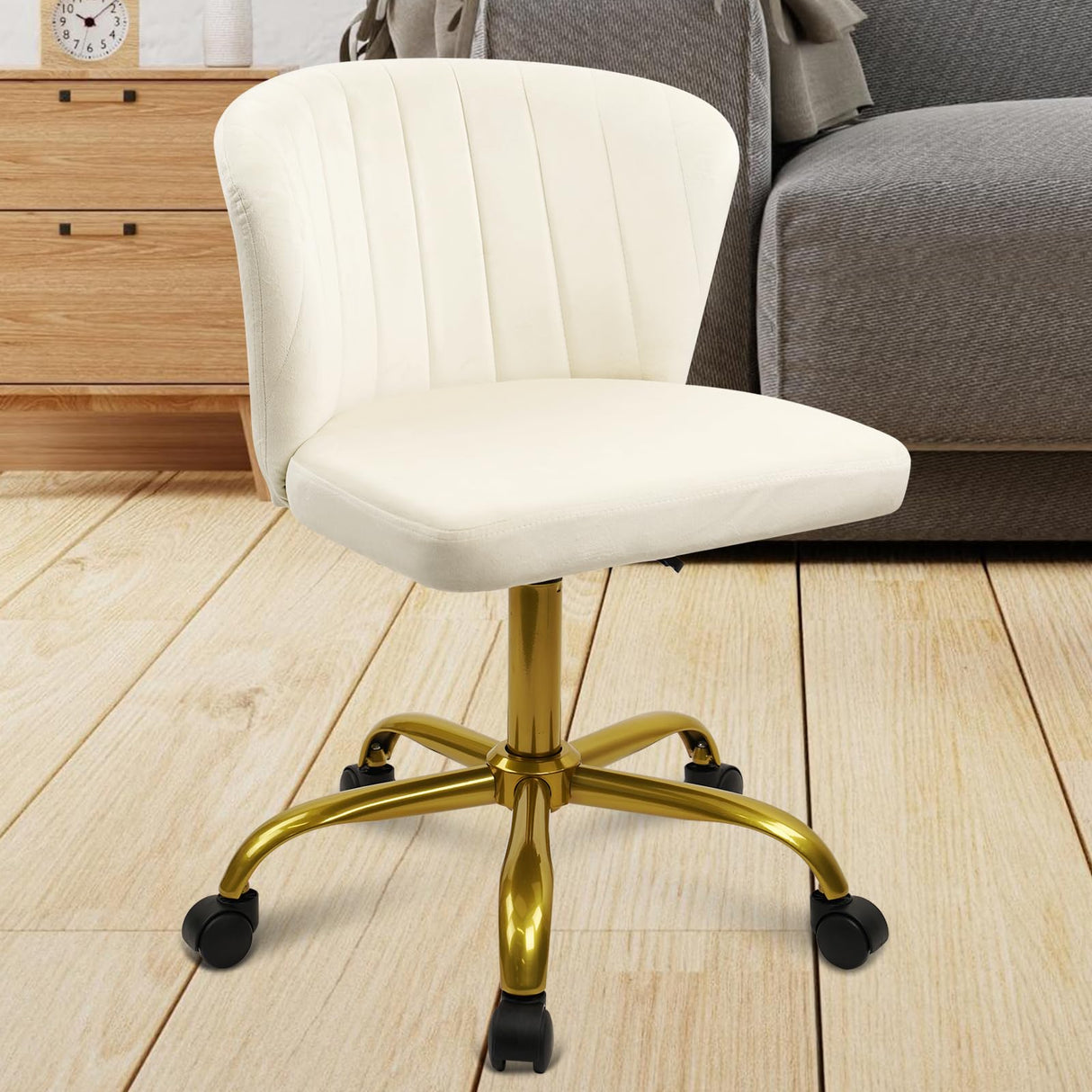 Home Desk Chair Velvet Upholstered Gold Base Comfortable Ergonomic Armless Modern