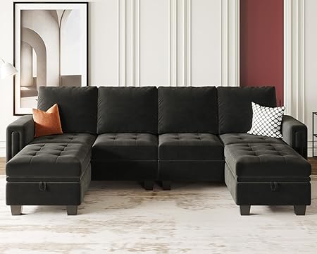 Velvet U shaped Sectional Sofa Couch with Storage Ottoman Convertibel