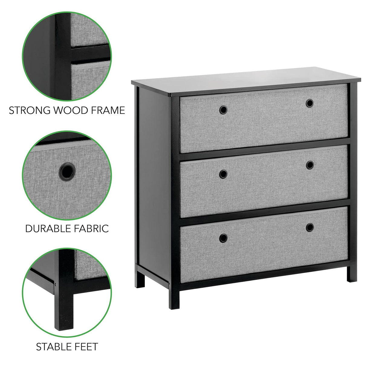 Modern Wide Dresser Drawer Storage Organization Chest - 3 Fabric Bin Drawers, Organizer Furniture Cabinet Unit for Bedroom,