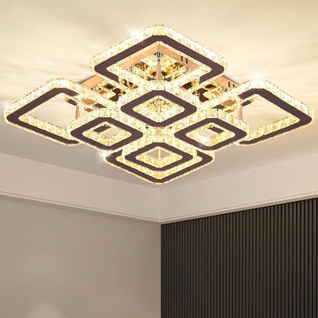 20”Crystal Chandelier Square Led Crystal Flush Mount Ceiling Light 8 Lights Modern