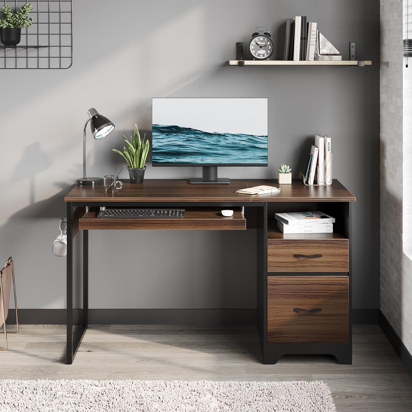 Computer Desk with Drawers, Office Desk with Storage, Industrial Wood Writing Desk