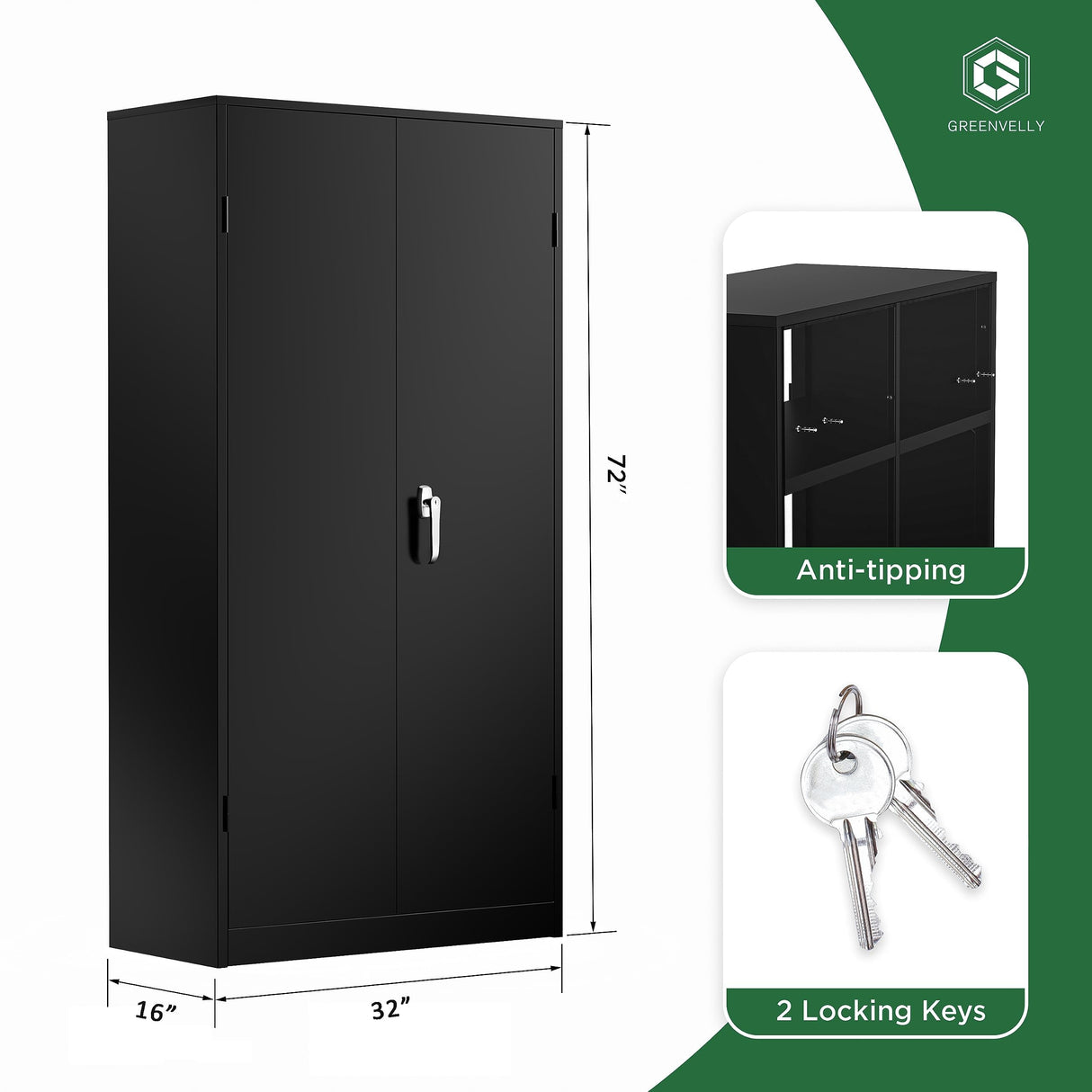 Metal Garage Storage Cabinet with Doors and Adjustable Shelves,72”Black Steel Lockable