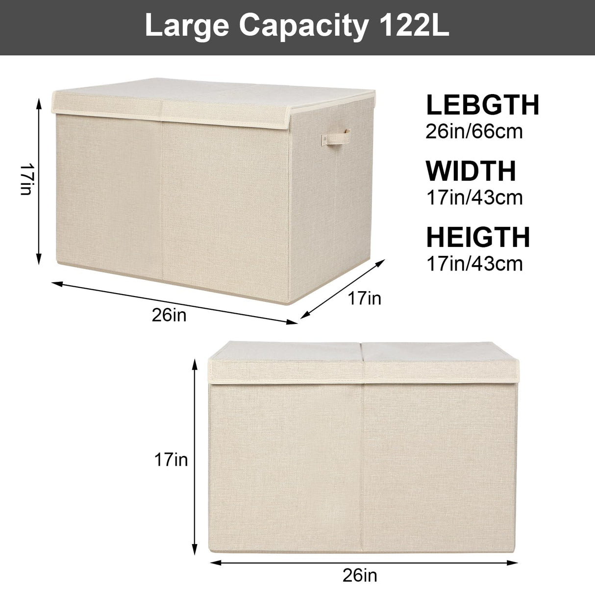 popoly 122L Large Toy Box Chest with Lid, Foldable Toy Storage Organizer Bin Boxes with Removable Divider for Kids, Boys, Girls, Nursery, Playroom, 26"x17" x17" (Linen Beige)