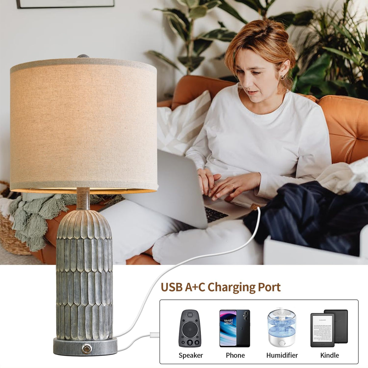 22.5” 3-Way Dimmable Touch Control Table Lamp Set of 2 with Dual USB Charging Ports