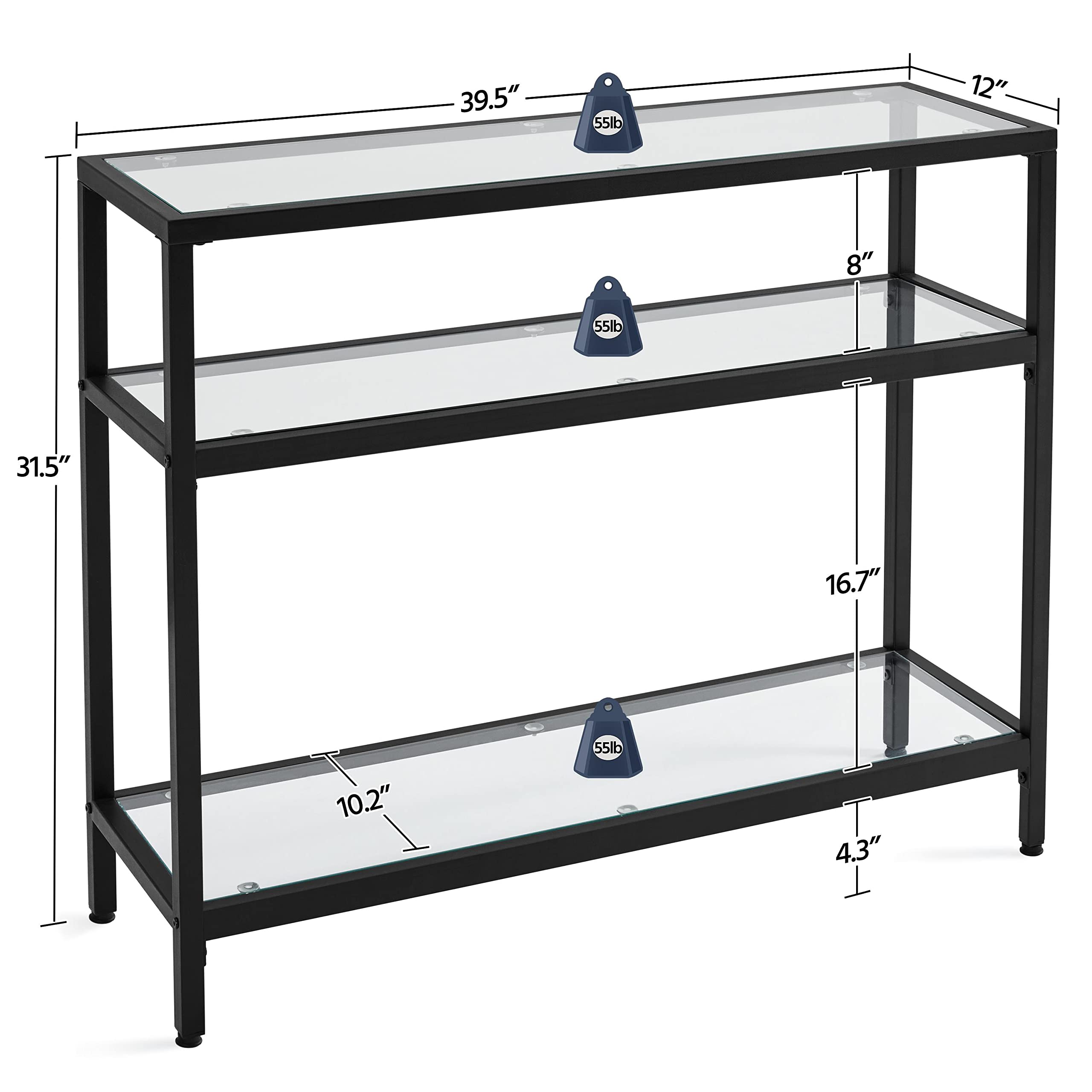 39.5" Console Table with 3 Storage Shelves,Tempered Glass Sofa Table