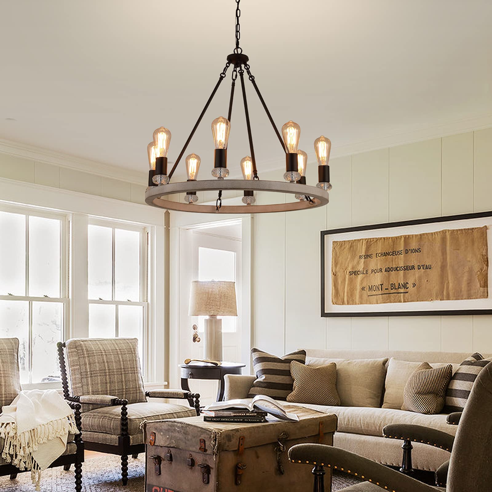 Farmhouse Wagon Wheel Chandelier 8 Light Oak White and ORB Rustic Industrial Metal