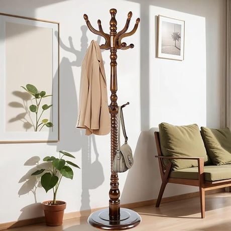 73 in Wood Coat Rack, Coat Rack Freestanding with Stable Round Base, Adjustable Height Tree Coat Rack Stand