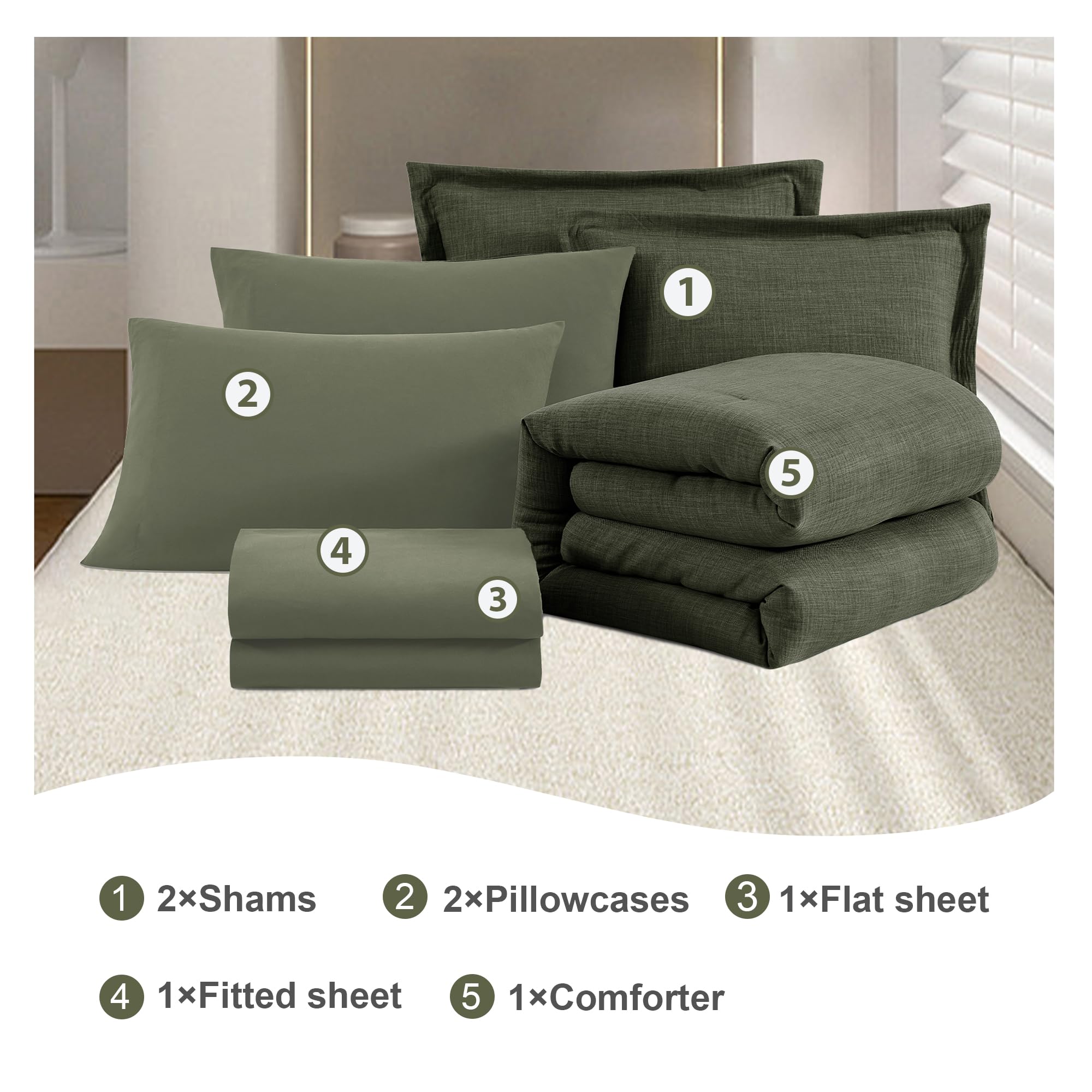 Geniospin 7-Piece Queen Comforter Set - Solid Bedding with Sheets and Shams for All Seasons (Dark Green)