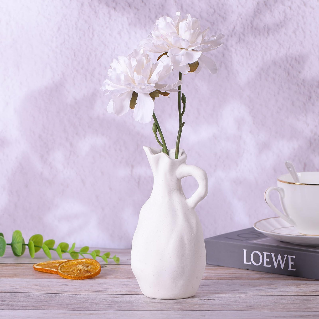 Ivory White Matte Small Vase Handled, Farmhouse Simple Clay Pitcher Vase