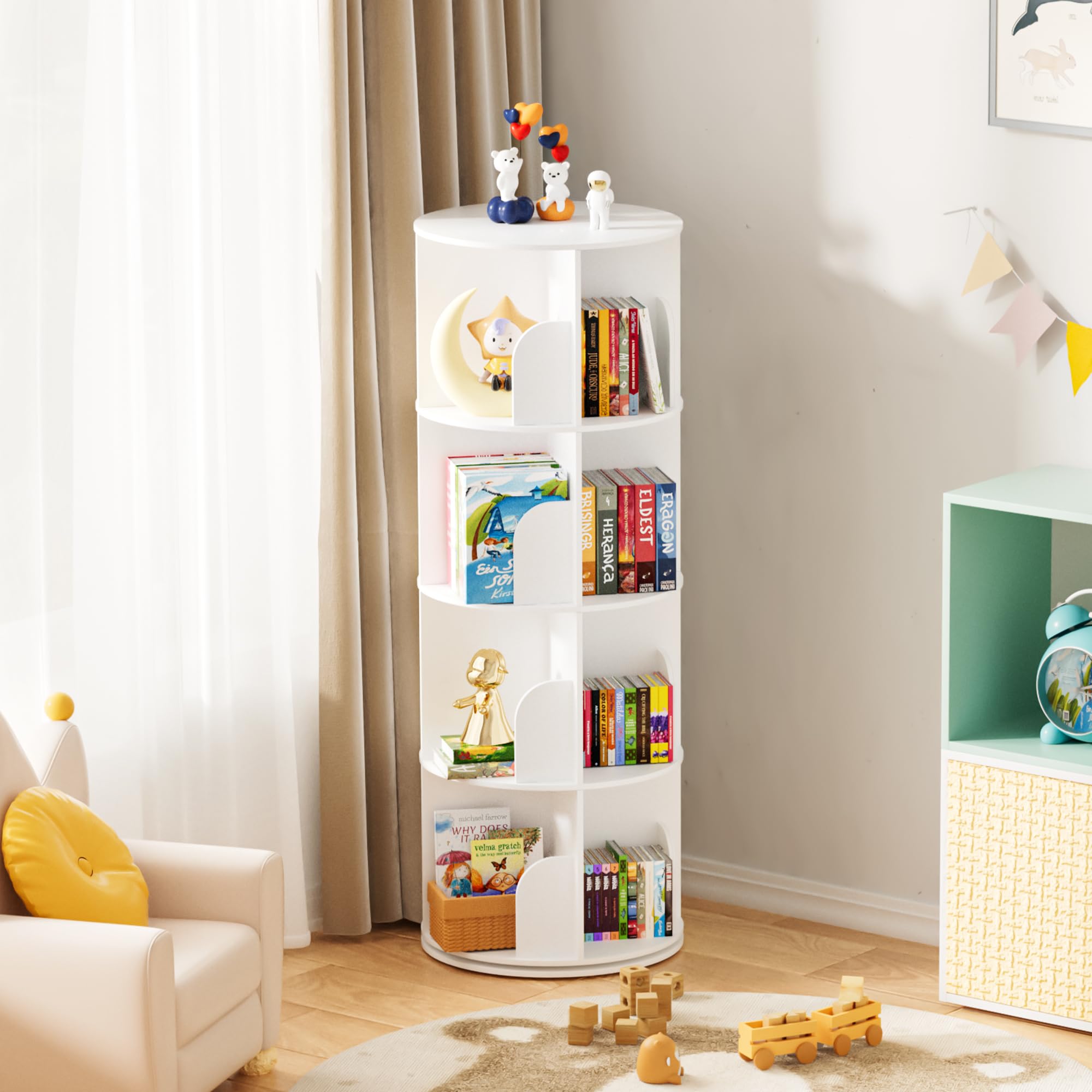 Rotating Bookshelf, 360° Display Corner Shelf for Book, 4 Tier Floor Standing Spinning Bookcase