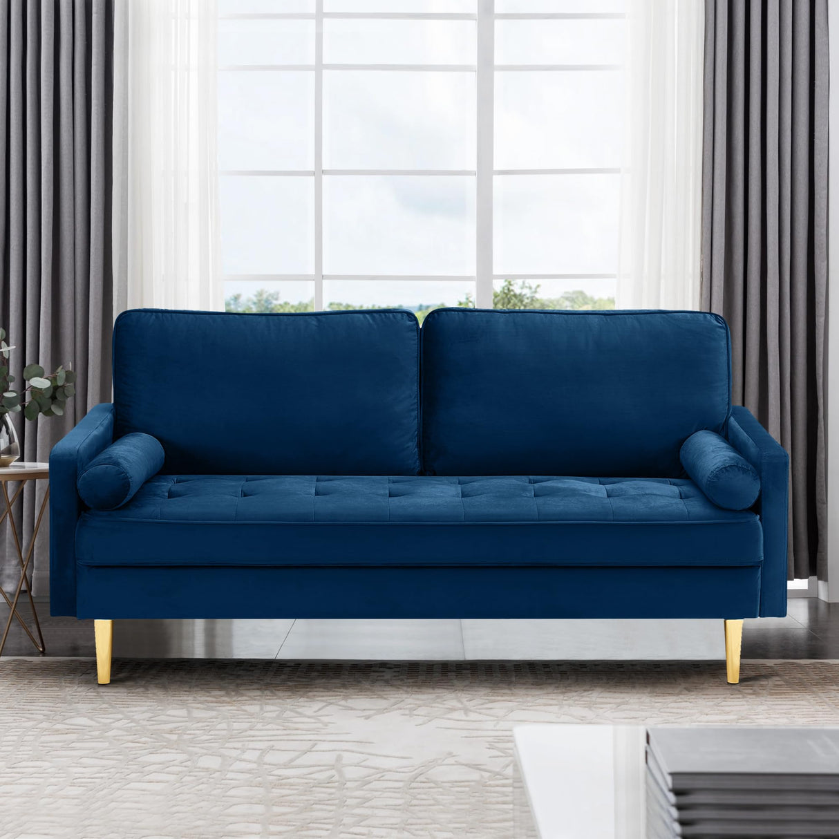 67" Modern Velvet Loveseat Sofa Couch, Mid-Century Tufted Upholstered Small Love Seat Couch with 2 Pillows & 4 Golden Legs, 2-Seats Couches for Compact Space, Living Room, Apartment (Navy)