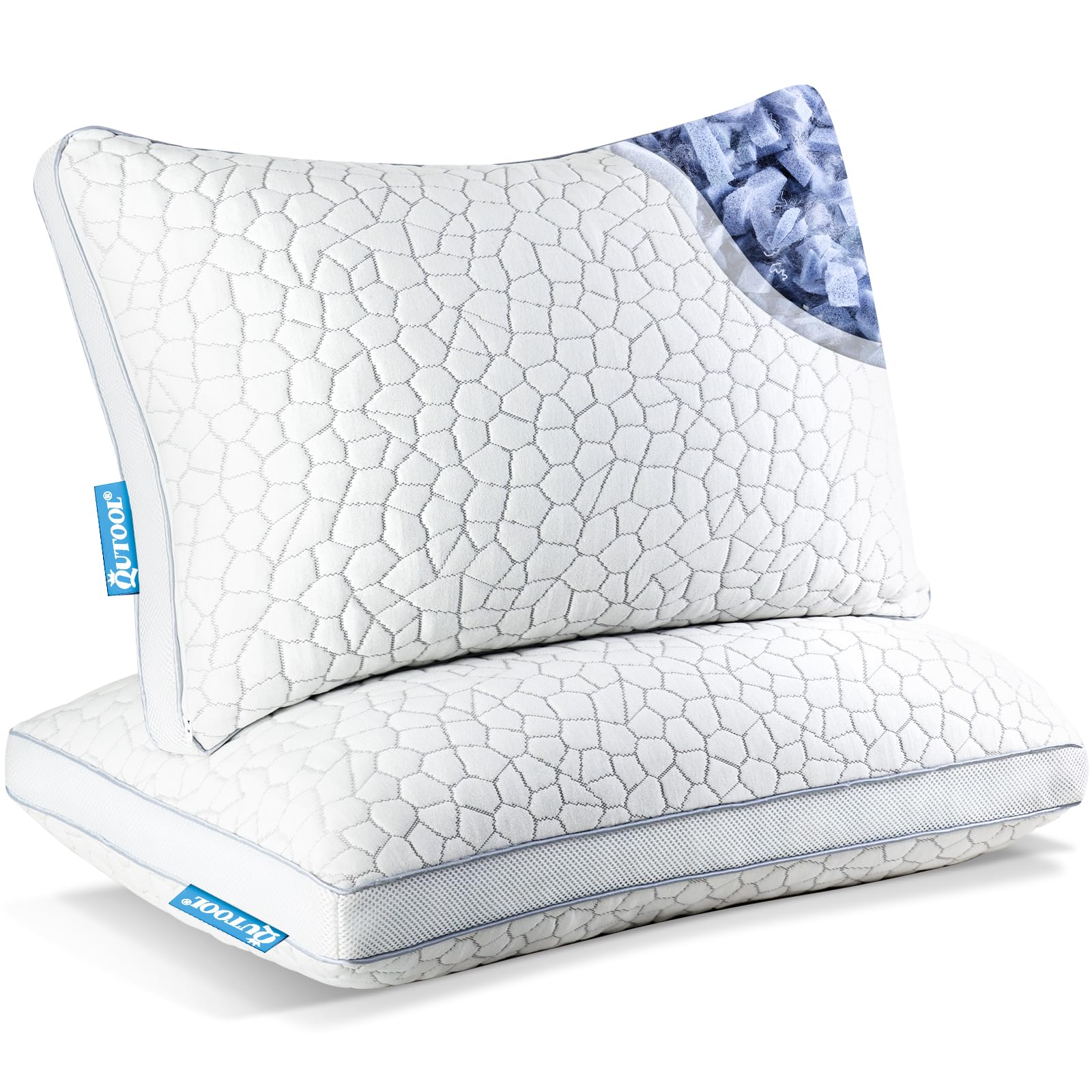 QUTOOL Shredded Memory Foam King Pillows 2 Pack, Adjustable Gel Pillows for Side Stomach and Back Sleepers Luxury Bed Pillow with Washable Cover