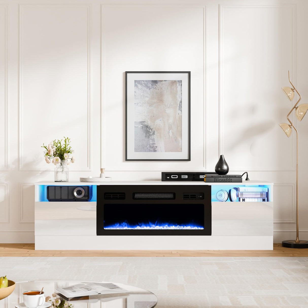 LED High Gloss TV Stand with Electric Fireplace - White