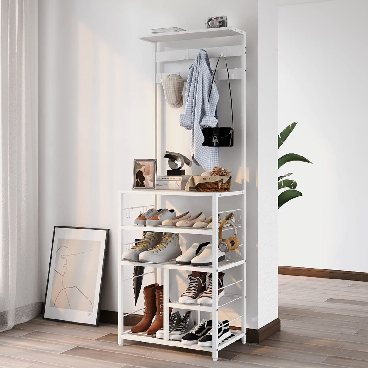 Modern White Large 5-Tier Hall Tree Entryway Wooden Shoes Rack Shelf Coat Rack