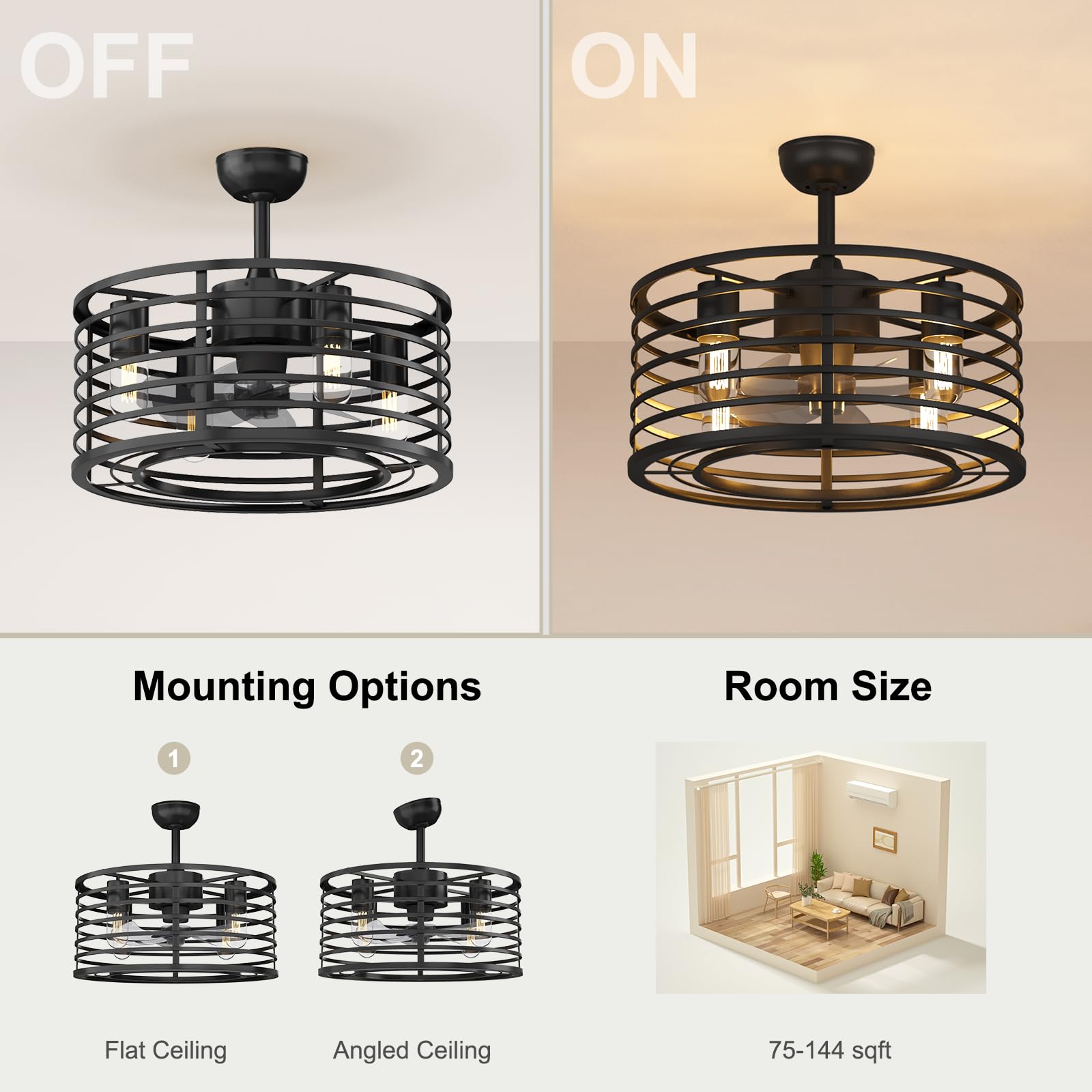 18in Black Caged Ceiling Fan With Light, Ceiling Fan Low Profile th Remote Control