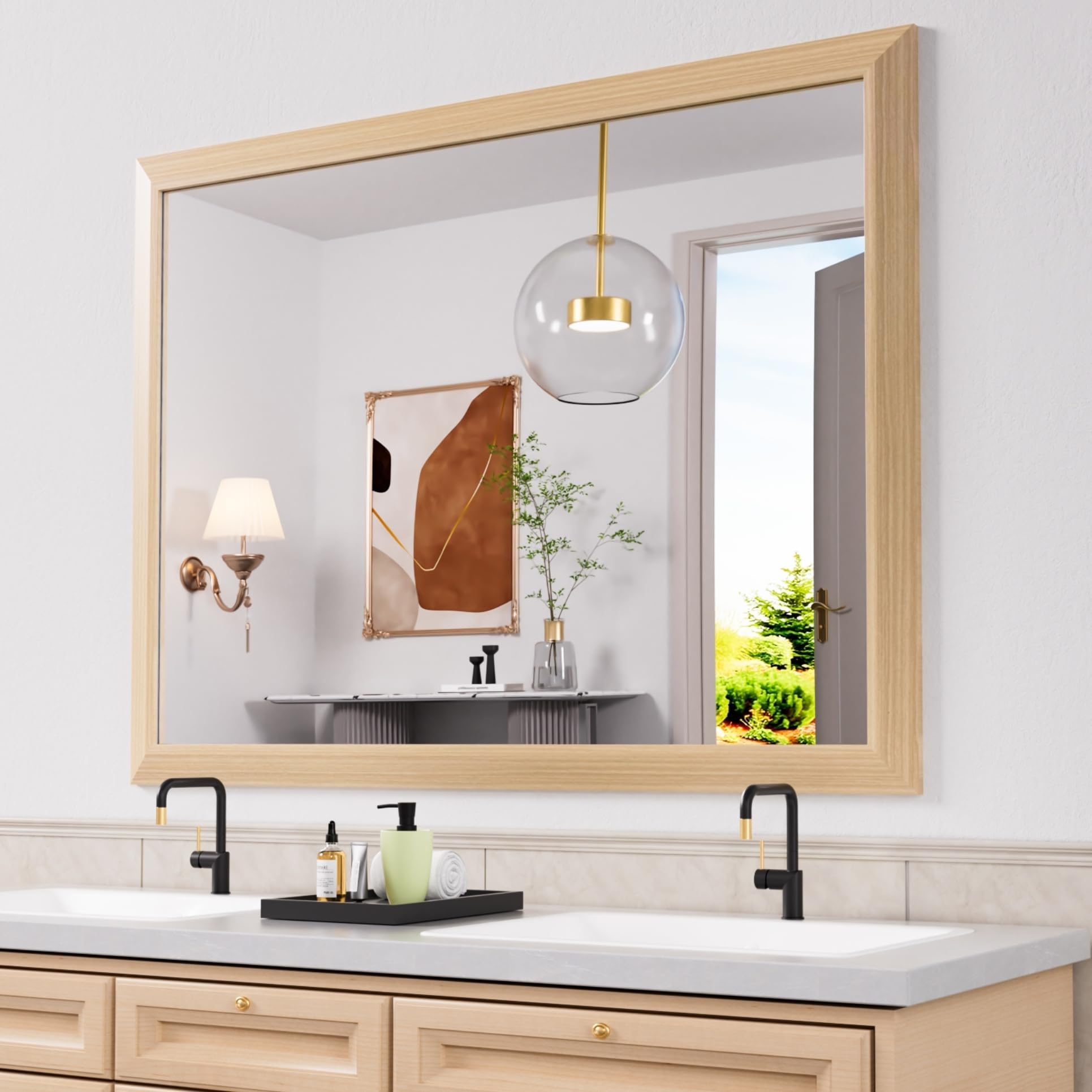 Bathroom Mirror,  Wall Mirror, Oak Wood Grain Metal Framed