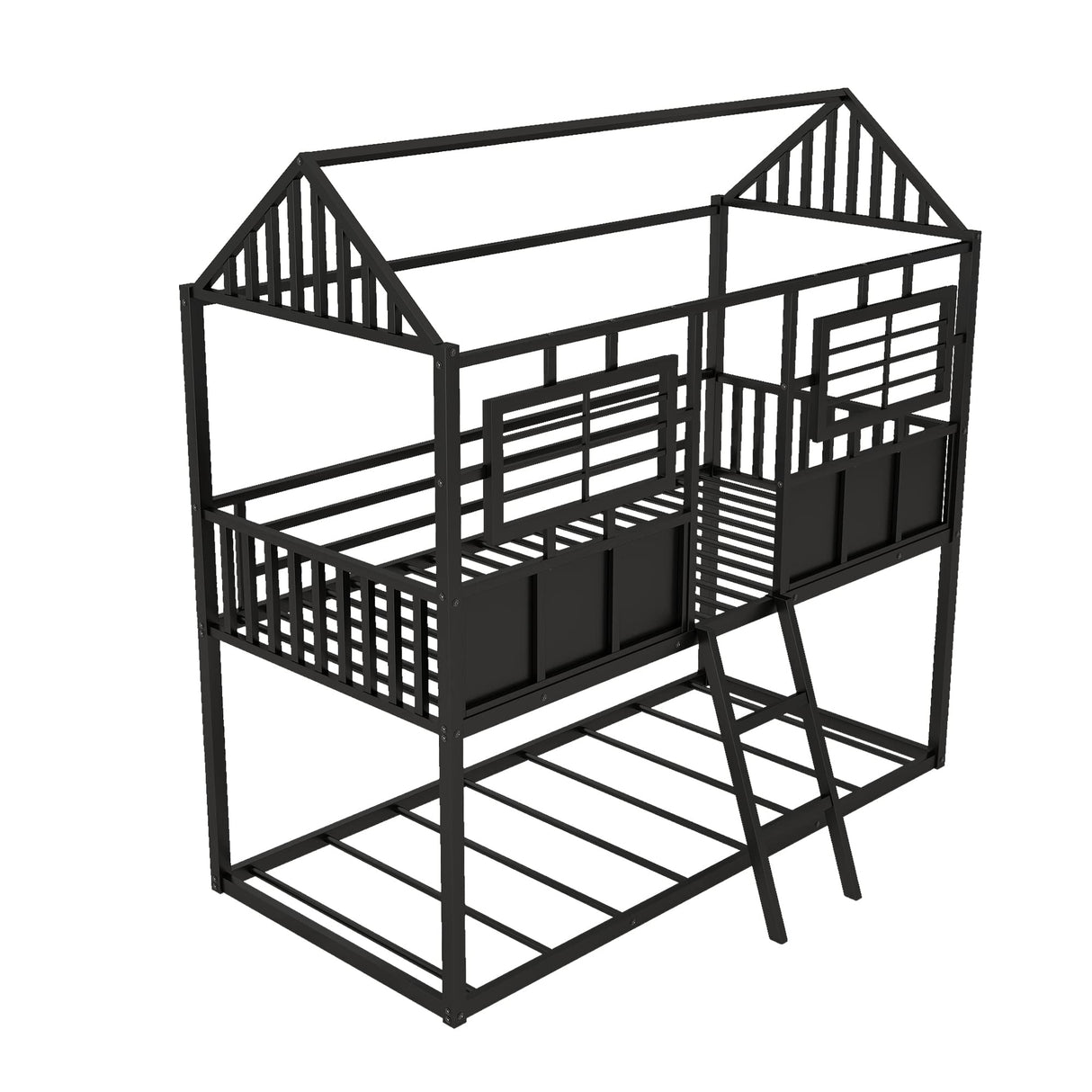 Twin Over Twin Size Metal Low Bunk House Bed with Roof, Two Front Windows